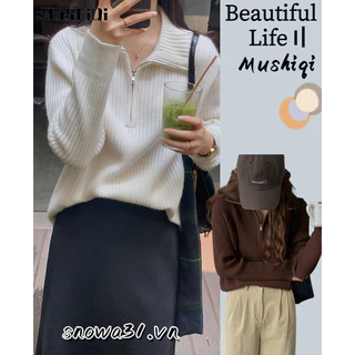 Mushiqi Áo sweater Dáng Rộng Phối Khóa Kéo Phong Cách Phương Tây Dành Cho Nữ