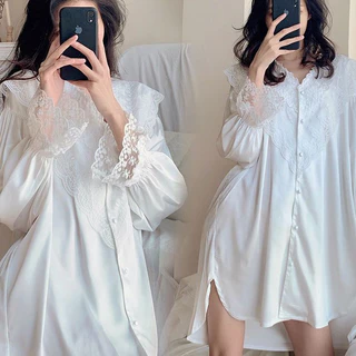 Đầm Ngủ Chiffon Dài Tay Cổ Chữ V Phối Ren Thời Trang Cho Nữ