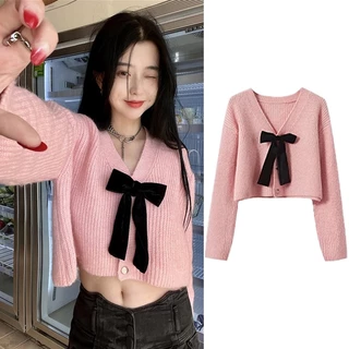 Áo Cardigan Dệt Kim Tay Dài Cổ Chữ V Thắt Nơ Eo Xinh Xắn