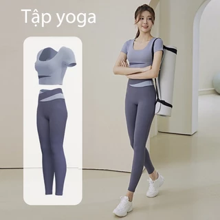 Flyblue đồ bộ thể thao nữ bộ quần áo tập gym Áo yoga ngắn tay đệm ngực Quần thể thao phối màu