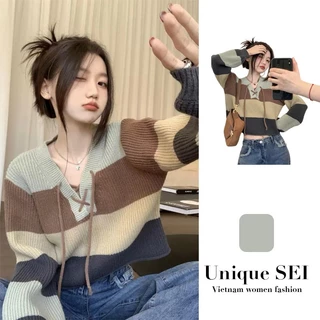 Áo sweater Dệt Kim Kẻ Sọc Màu Sắc Tương Phản Phong Cách retro Dành Cho Nữ