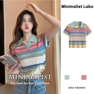 Minimalist Labo Áo thun cổ POLO tay ngắn họa tiết kẻ sọc cầu vồng thời trang