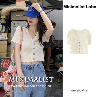 Minimalist Labo Áo cardigan dệt kim viền xếp nếp tay ngắn cài nút kiểu hoa xinh xắn