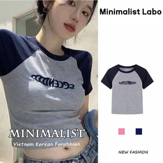 Minimalist Labo Áo Sweater Tay Ngắn Dáng Ôm Thêu Họa Tiết Màu Sắc Tương Phản Thời Trang Cho Nữ