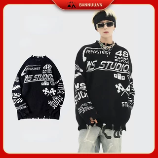 Mới Áo sweater Nam Dệt Kim Form Rộng áo len nam cổ tròn Thiết Kế Xẻ Rách áo len sweater nam Phong Cách hip hop áo len tăm Nam Nữ