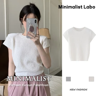 Minimalist Labo Áo kiểu dệt kim tay ngắn màu xám/ đen/ trắng phong cách retro mùa hè 2024 thời trang dành cho nữ