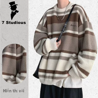 Áo Sweater Nam Dệt Kim Cotton Dày Dáng Rộng Họa Tiết Kẻ Sọc Màu Tương Phản Kiểu Retro Nhật Bản Thời Trang Thu Đông Cho Cao Cấp Áo Len Nữ  Áo Thun Nam Dài Tay Form Rộng Áo Len Nam Trơn Áo Sweater Unisex