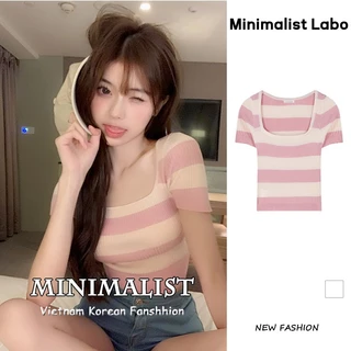 Minimalist Labo Áo croptop dệt kim tay ngắn cổ vuông thiết kế kẻ sọc cá tính thời trang