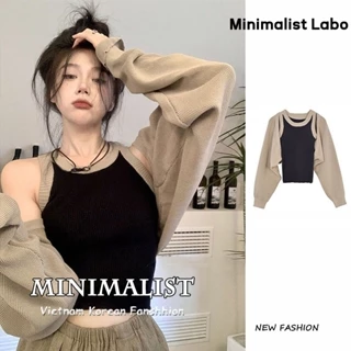 Minimalist Labo Áo cardigan ngắn tay dài/ áo không tay dệt kim phong cách Hàn Quốc thời trang cho nữ