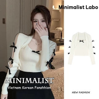 Minimalist Labo Áo sweater dệt kim tay dài phối nơ thiết kế quyến rũ thời trang