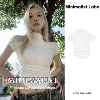 Minimalist Labo Áo Thun Croptop Tay Ngắn Cổ Cao Dáng Ôm Màu Đen Thời Trang Mùa Hè Xinh Xắn Cho Nữ