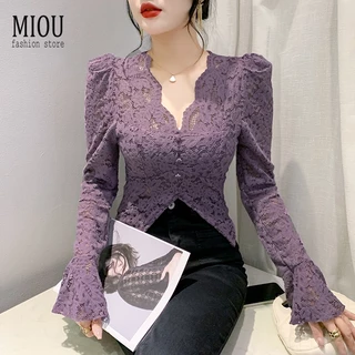 Miou 2023 Lớn Nữ Rỗng Ra Gợi Cảm Cổ Chữ V Dài Tay Áo Thun Nữ Thu Đông Mới Slim Fit Bong Bóng Tay Áo Ren Top Womenblouse