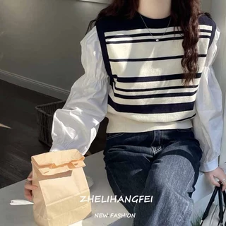 ZHELIHANGFEI Áo Sweater Sát Nách Cổ Tròn Họa Tiết Kẻ Sọc Đơn Giản Thời Trang