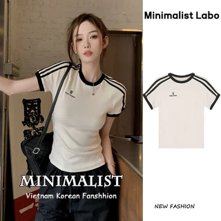 Minimalist Labo Áo Croptop Tay Ngắn Thêu Chữ Thời Trang Dành Cho Nữ（Áo dệt kim）