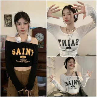 áo croptop Áo Thun nữ baby tee Thiết kế ít eo slim hottie Tay Dài Trễ Vai Dáng