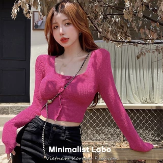 Minimalist Labo Áo Croptop Dệt Kim Tay Dài Cổ Vuông Màu Sắc Đơn Giản Phong Cách Hàn Quốc