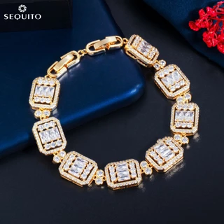 Sequito Aristocratic Sang Trọng CZ Zirconia Vàng Mạ Dây Xích Liên Kết Vòng Tay Lắc Tay Cho Nữ Trang Sức Dự Tiệc B116