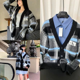 CK Bé Gái Phong Cách Bạn Trai Rời Retro Kẻ Sọc Màu Sắc Tương Phản Áo Len Dệt Kim Cardigan Áo Khoác