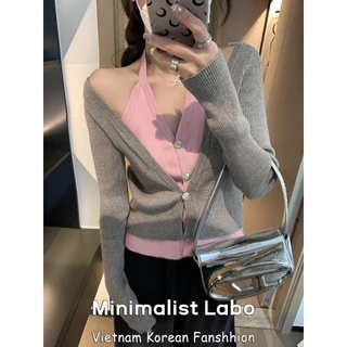 Minimalist Labo Áo Khoác cardigan Cổ Chữ v Giả Hai Lớp Màu Sắc Tương Phản Thời Trang Mùa Thu Cho Nữ