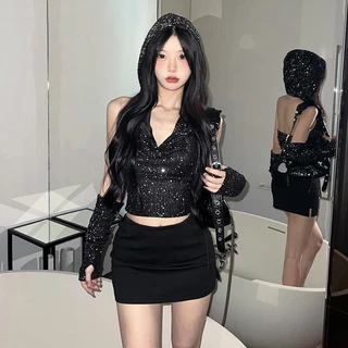 Cutenew Sequins Crop Top Dành Cho Nữ 2024 Phong Cách Đường Phố Hàn Quốc Đảng Gợi Cảm Lưng Hooed Slim Fit Tank Top