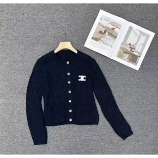 CELINE Tai Thu Sản Phẩm Mới Cổ Tròn logo Thêu Dệt Kim Cardigan Nữ