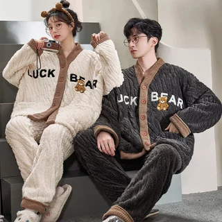 Bộ đồ ngủ cặp đôi Flannel, bộ dày mùa thu đông dành cho nam, bộ nhung san hô mặc ở nhà dành cho nữ, thoải mái khi mặc bên ngoài