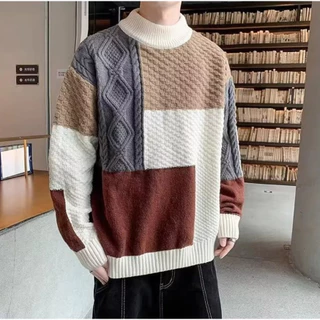 【M-3XL】2024 Áo len nam dệt kim cổ cao thời trang dáng rộng áo sweater nam bảng ô màu tương phản phong  retro phong cách Hàn Quốc mới unisex