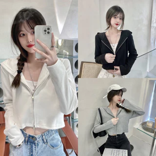 Áo Khoác hoodie Nữ Tay Dài Có Dây Kéo Màu Trơn