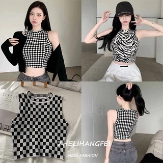 ZHELIHANGFEI Áo croptop không tay cổ tròn họa tiết sọc caro / ngựa vằn thời trang quyến rũ