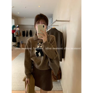 Áo sweater Dệt Kim Mềm Mại Chui Đầu in Hình Gấu Trúc Kiểu retro Phương Tây Thời Trang Thu Đông Cho Nữ