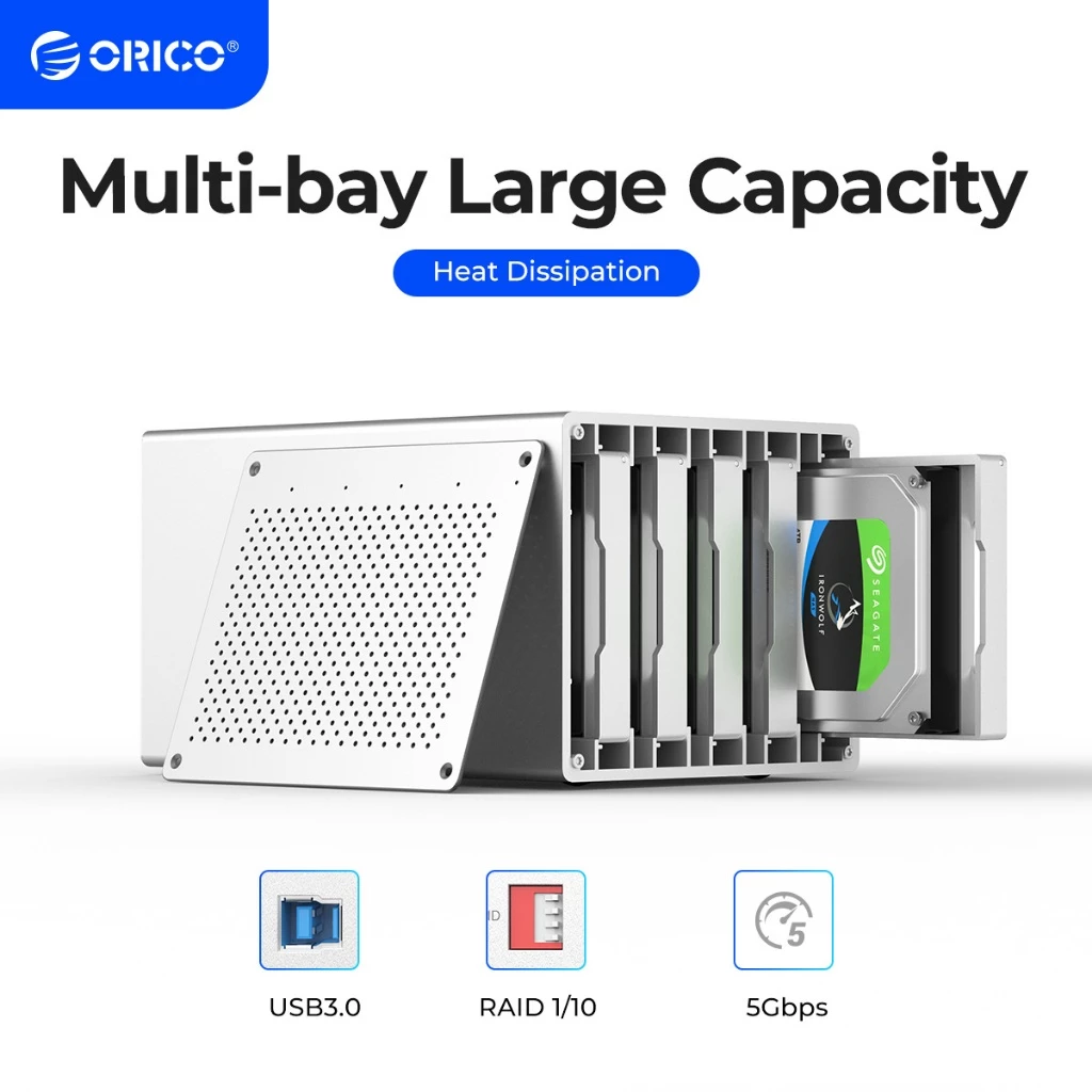 ORICO WS Series Raid 3.5 inch 2/4/5 Khe cắm USB3.0/Type-C sang SATA 3.0 với Hộp cứng Raid Hỗ trợ UASP 2/4/5x16TB cho Mac/Win/Linux (WS500RU3)