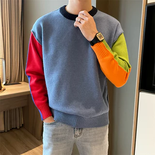 【M-3XL】2024 Áo sweater nam vòng cổ thiết kế nối màu dệt kim phong thời trang và đơn giản cách retro Hàn Quốc áo len nam mới cho nam giới