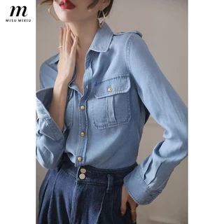 Áo Sơ Mi denim Xanh Lam Mềm Mại Dáng Rộng Thời Trang Mùa Thu 2023 Cho Nữ