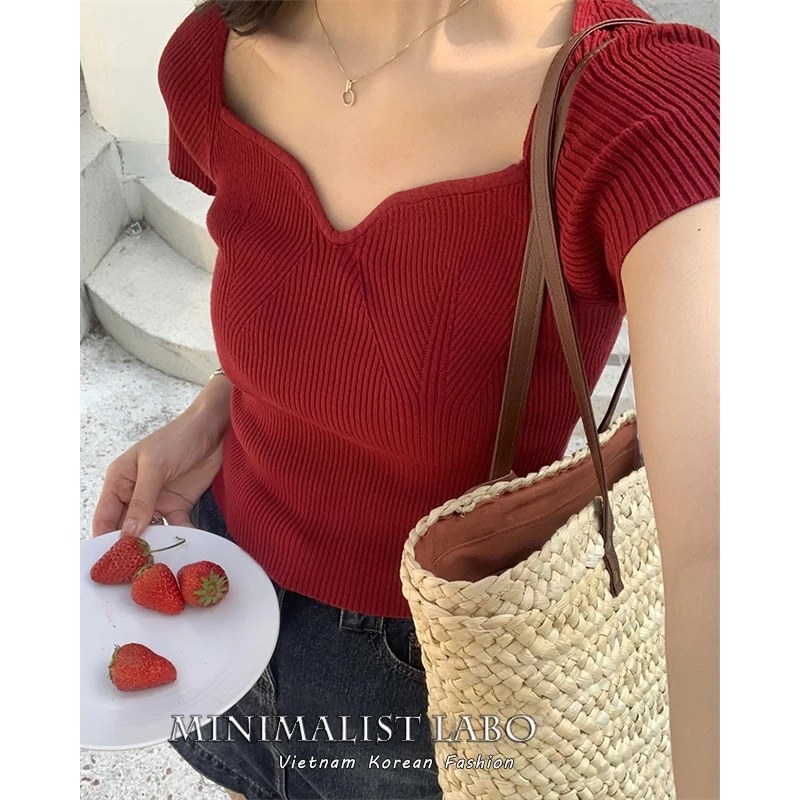 MINIMALIST LABO Áo Sweater Dệt Kim Tay Ngắn Cổ Vuông Dáng Ôm Thời Trang Hàn Quốc Cho Nữ