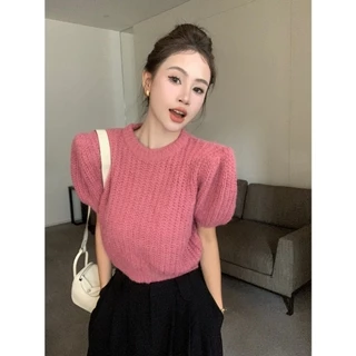 【JMWOMEN】Áo sweater Dệt Kim Tay Ngắn Phồng Cổ Tròn Màu Trơn Thời Trang Mùa Thu 2023 Mới