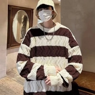 Áo sweater Dệt Kim Cổ Tròn Họa Tiết Kẻ Sọc Thời Trang Mùa Thu Phong Cách Hàn Quốc Cho Nam