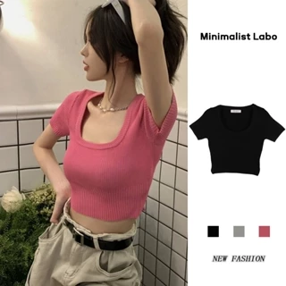 Áo croptop LANJIEXI Minimalist Labo dệt kim tay ngắn phong cách Pháp