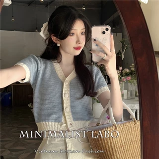 MINIMALIST LABO Áo Cardigan Dệt Kim Mỏng Tay Ngắn Màu Xanh Dương Trẻ Trung