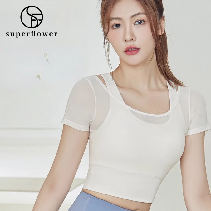 Superflower Áo Tập yoga Vải Lưới Thoáng Khí Thoải Mái Có Đệm Cố Định 2 Trong 1 Phong Cách Thể Thao Cho Nữ