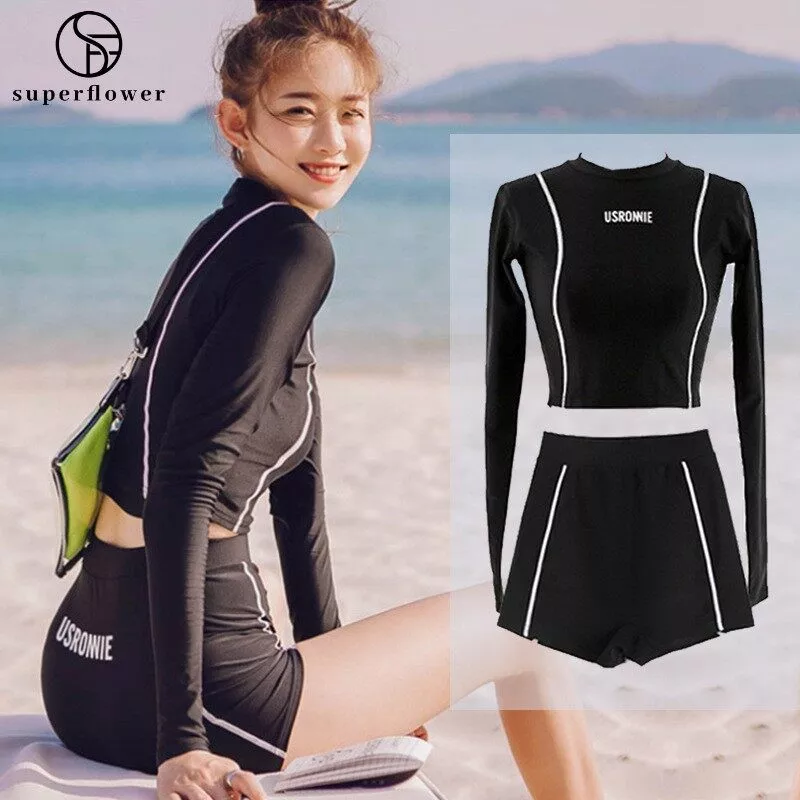 Bộ Đồ Bơi 2 Mảnh Tay Dài Che Bụng Dáng Ôm Thời Trang Đi Biển Cho Bạn Gái