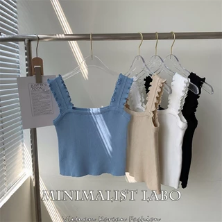 MINIMALIST LABO Áo croptop dệt kim trễ vai màu sắc đơn giản quyến rũ