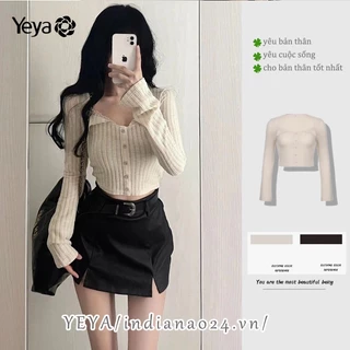 Yeya Áo sweater Dệt Kim Cao Cấp Cổ Vuông Kẻ Sọc Phối Ren Phong Cách Nhật Bản Thanh Lịch Cao Cấp Cho Nữ