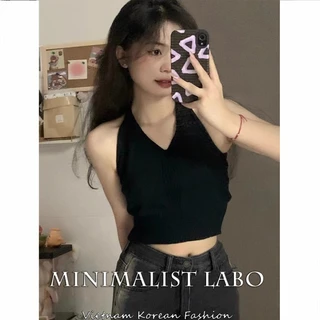 MINIMALIST LABO Áo Dệt Kim Hai Dây Cổ Yếm Dáng Ngắn Thời Trang Quyến Rũ Cho Nữ