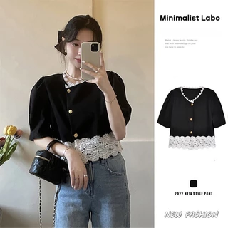 Minimalist Labo Áo Croptop Tay Ngắn Dáng Rộng Phối Ren Thời Trang Hàn Quốc Cho Nữ