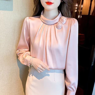 Áo Sơ Mi chiffon Tay Dài Màu Trơn Họa Tiết Hoa Ba Chiều Thời Trang Mùa Thu Cho Nữ Size s-3xl