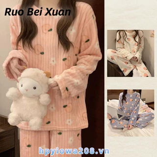 Ruo Beixuan Bộ Đồ Ngủ Tay Dài Chất Nhung Dày Dặn Thời Trang Xuân Thu Dễ Thương Cho Nữ