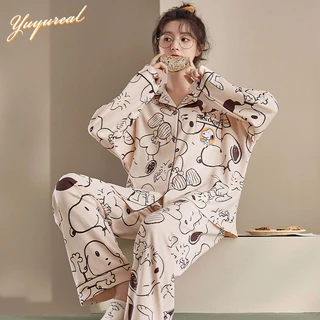 Yuyureal Bộ Đồ Ngủ Tay Dài Dáng Rộng In Hoạt Hình Shin-Chan Thời Trang Xuân Thu Xinh Xắn Cho Nữ cotton