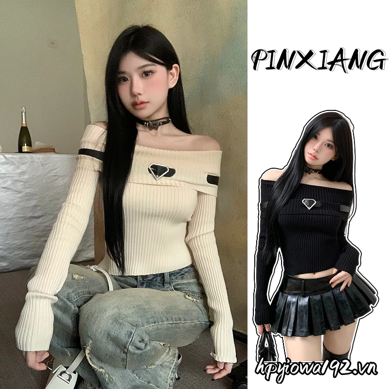 Áo sweater PINXIANG dệt kim tay dài màu trơn ngọt ngào phong cách Mỹ y2k cho nữ