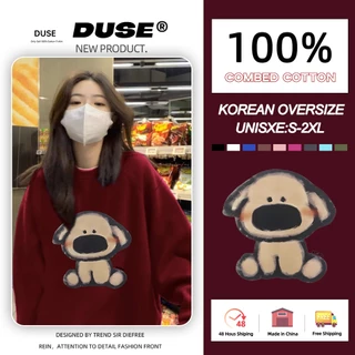 「DUSE」Áo Sweater Cổ Tròn Dáng Rộng In Hình Chú Cún Kiểu Hàn Quốc Thời Trang Thu Đông Cho Nữ