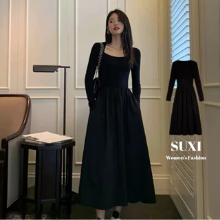 Suxi Thu Đông Mới Đơn Giản Màu Trơn Slim Fit Đầm Đen Dài Tay Đầm Dài